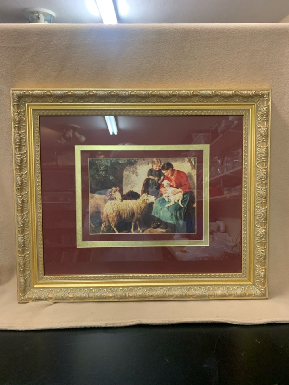 Classic Shepherdess Framed Wall Art in Gold and Burgundy